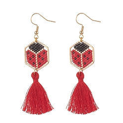 Ladybug Glass Seed Braided Hexagon Dangle Earrings, with Cotton Tassels, Golden 304 Stainless Steel Jewelry for Women, Ladybug, 72~75mm, Pin: 0.7mm