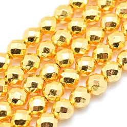 Golden Plated Electroplate Non-magnetic Synthetic Hematite Beads Strands, Grade AAA, Long-Lasting Plated, Faceted, Round, Golden Plated, 4mm, Hole: 1mm, about 97pcs/strand, 15 inch