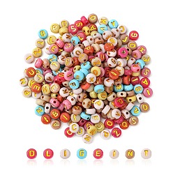 Golden Plated 300pcs 2 Styles Opaque Mixed Color Acrylic Beads, Metal Enlaced, Flat Round with Letters, Golden Plated, 7x3.5~4mm, Hole: 1.5~1.8mm