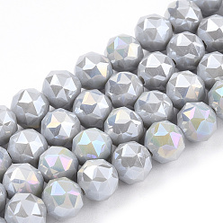 Light Grey Electroplate Opaque Glass Beads Strands, AB Color Plated, Faceted, Round, Light Grey, 8x7.5mm, Hole: 1.5mm, about 71~72pcs/strand, 20.87''(53cm)