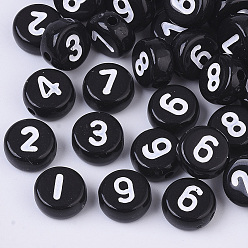 Black Opaque Acrylic Beads, Flat Round with Number, Black, 7x3.5mm, Hole: 1.2mm, about 4000pcs/500g.