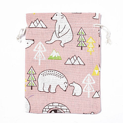 Pink Bolsas de polialgodón (poliéster algodón) estampadas, bolsas de cordón, patrón de oso zuni, rosa, 17.5~18x12.7~13 cm