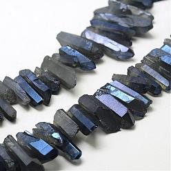 Steel Blue Electroplated Natural Quartz Crystal Beads Strands, Nuggets, Tusk Shape, AB Color, Dyed, Steel Blue, 7~15x18~60mm, Hole: 1mm, about 46pcs/strand, 16 inch