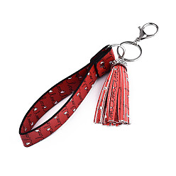 Red PU Leather Tassel Keychain, with Rhinestone, Plastic, Alloy Lobster Claw Clasps and Iron Split Key Rings, for Valentine's Day, Word Love Pattern, Platinum, Red, 22.7cm