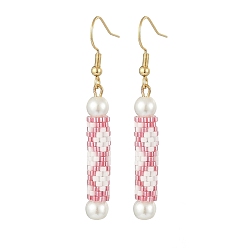 Perlas de Color Rosa Aretes colgantes con perlas de vidrio y columna de semillas, oro 304 joyas de acero inoxidable para mujer., rosa perla, 54 mm, pin: 0.7 mm