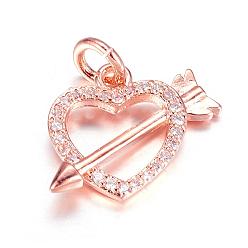 Rose Gold Brass Micro Pave Cubic Zirconia Charms, Heart with Arrow, Rose Gold, 12.5x15x2.5mm, Hole: 3mm