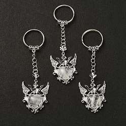 Cristal de Quartz Porte-clés cœur en cristal de quartz naturel avec pendentif aile, avec les accessoires en laiton de tonalité de platine, 9.6 cm