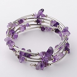 Améthyste Bracelets de chaîne de puce d'améthyste naturelle, fil à mémoire de bracelet en acier avec des perles de tuyauterie en cuivre et des perles rondes en fer, platine, 53mm
