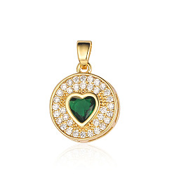 Green Brass Micro Pave Cubic Zirconia Pendants, Flat Round with Heart Charms, Real 18K Gold Plated, Green, 16x14x4.1mm