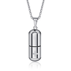 Stainless Steel Color 316L Stainless Steel Pill with Cross Urn Ashes Pendant Necklace with Cable Chains, Memorial Jewelry for Men Women, Stainless Steel Color, 19.69 inch(50cm)