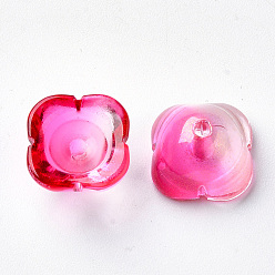 Deep Pink 4-Petal Transparent Spray Painted Glass Bead Caps, with Glitter Powder, Flower, Deep Pink, 11.5x11.5x7mm, Hole: 1.6mm