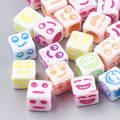 Mixed Color Craft Acrylic Beads, Cube with Mixed Expression, Mixed Color, 6x6x6mm, Hole: 3.5mm, about 3000pcs/500g
