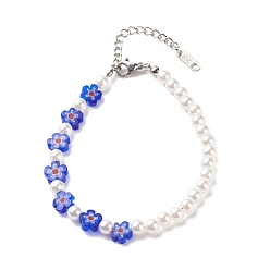 Blue Plastic Imitation Pearl & Millefiori Glass Beaded Bracelet for Women, Blue, 7-1/4 inch(18.5cm)
