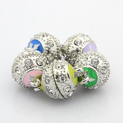 Mixed Color Platinum Plated Round Alloy Enamel Magnetic Clasps with Loops, with Grade A Rhinestone, Mixed Color, 18.5x13mm, Hole: 2mm