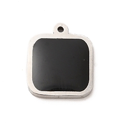 Black 304 Stainless Steel Enamel Pendants, Square Charm, Stainless Steel Color, Black, 13x11x1.4mm, Hole: 1mm