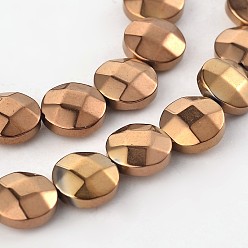 Copper Plated Electroplated Non-magnetic Synthetic Hematite Flat Round Bead Strands, Faceted, Copper Plated, 8x3.5mm, Hole: 1mm, about 51pcs/strand, 15.74 inch
