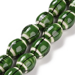 Vert Brins de perles de porcelaine faites à la main, de rugby, verte, 16x11mm, Trou: 1.6mm, Environ 22 pcs/chapelet, 13.98'' (35.5 cm)