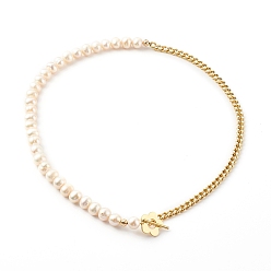 White Brass Enamel Curb Chain Necklaces, with Round Natural Pearl Beads and Toggle Clasps, Real 18K Gold Plated, White, 17.12 inch(43.5cm)