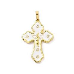White Eco-friendly Rack Plating Brass Micro Pave Cubic Zirconia Pendants, with Enamel, Cadmium Free & Lead Free, Long-Lasting Plated, Real 18K Gold Plated, Religion Cross with Angel Charm, White, 32.5x22.5x2.5mm, Hole: 3.5x6mm