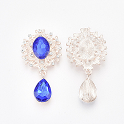 Blue Rose Gold Plated Alloy Cabochons, with Resin Rhinestone and Crystal Glass Rhinestone, Faceted, Oval and Teardrop, Blue, 45x24x5mm