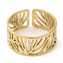 Real 18K Gold Plated 304 Stainless Steel Open Cuff Rings, Hollow Leaf, Golden, Inner Diameter: 18mm