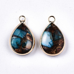Deep Sky Blue Teardrop Assembled Synthetic Bronzite and Regalite/Imperial Jasper Pendants, with Iron Loop and Brass Edge, Light Gold, Dyed, Deep Sky Blue, 22~23x14x5~6mm, Hole: 2mm