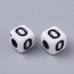 Letter O White Opaque Acrylic Beads, Horizontal Hole, Cube with Black Alphabet, Letter.O, 4~5x4~5x4~5mm, Hole: 1.8mm, about 6470~6500pcs/500g