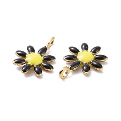 Black Ion Plating(IP) 304 Stainless Steel Charms, with Enamel, Golden, Flower, Black, 10x7.5x2mm, Hole: 1mm