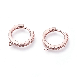 Rose Gold Brass Micro Pave Cubic Zirconia Huggie Hoop Earring Findings, with Horizontal Loops, Ring, Clear, Rose Gold, 15.5x14.5x2mm, Hole: 1mm, pin: 0.9mm