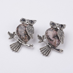Rhodonite Natural Rhodonite Pendants, with Alloy Finding, Owl, Antique Silver, 46.5x35.5x11.5mm, Hole: 6x8.5mm