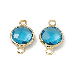 Blue Zircon Transparent K9 Glass Connector Charms, with Light Gold Plated Brass Findings, Faceted, Flat Round Links, Blue Zircon, 17.5x10.5x4.5mm, Hole: 2mm