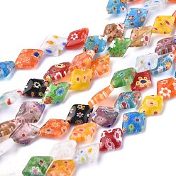 Mixed Color Rhombus Handmade Millefiori Glass Beads, Mixed Color, 13~14x10x3.5mm, Hole: 0.5mm, about 27pcs/strand, 13.3 inch