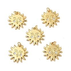Real 18K Gold Plated Rack Plating Brass Micro Pave Clear Cubic Zirconia Pendants, with Jump Ring, Cadmium Free & Nickel Free & Lead Free, Sun with Human Face, Real 18K Gold Plated, 16.5x1.5mm, Hole: 2.8mm