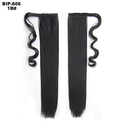 Black Long Straight Ponytail Hair Extension Magic Paste, Heat Resistant High Temperature Fiber, Wrap Around Ponytail Synthetic Hairpiece, for Women, Black, 21.65 inch(55cm)