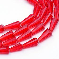Red Transparent Glass Bead Strands, Cone, Red, 9~12x6mm, Hole: 2mm, about 47~49pcs/strand, 18.70 inch~19.49 inch(47.5~49.5cm)