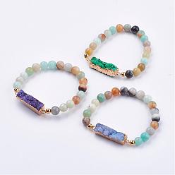 Mixed Color Natural Amazonite Stretch Bracelets, with Druzy Agate Links & Golden Plated 304 Stainless Steel Findings, Round & Rectangle, Mixed Color, 2 inch(52mm)