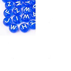 Blue Transparent Acrylic Beads, Flat Round with White Mixed Letters, Blue, 7x4mm, Hole: 1.5mm, about 1480pcs/200g