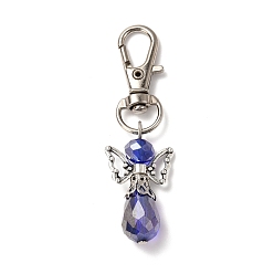 Blue Faceted Teardrop Glass Pendants, with Faceted Glass Beads, Alloy Butterfly Beads & Swivel Lobster Claw Clasps, Iron Pins & Bead Caps, Angel, Blue, 61mm, Pendant: 32x18x9.5mm
