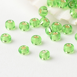 Verde Claro 6/0 calificar unas cuentas redondas de semillas de vidrio, plata forrada, verde claro, 4x3 mm, agujero: 1 mm, sobre 4800 unidades / libra