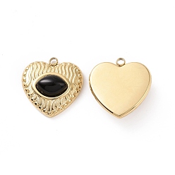 Black Onyx Natural Black Onyx(Dyed & Heated) Pendants, with Ion Plating(IP) Real 18K Gold Plated 304 Stainless Steel Findings, Heart Charm, 19x18.5x6.5mm, Hole: 2mm