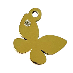 Golden Ion Plating(IP) 304 Stainless Steel Charms, Manual Polishing, with Crystal Rhinestone, butterfly, Golden, 13.5x12x1.5mm, Hole: 1.2mm