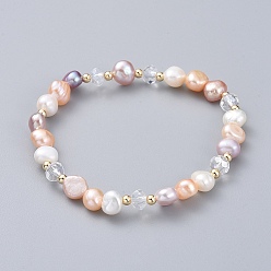 Seashell Color Stretch Bracelets, with Natural Cultured Freshwater Pearl Beads, Glass Beads and Brass Round Spacer Beads, Elastic Crystal Thread, with Burlap Bags, Seashell Color, 2-1/8 inch(5.5cm)