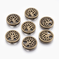 Antique Bronze Tibetan Style Alloy Beads, Flat Round with Tree, Cadmium Free & Nickel Free & Lead Free, Antique Bronze, 18x4mm, Hole: 1.5mm, about 265pcs/1000g