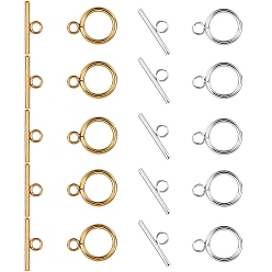 Golden & Silver 10 Set 2 Colors 304 Stainless Steel Toggle Clasps Set, with 20pcs Iron Open Jump Rings, Golden & Silver, 6x0.7mm, 5 set/color