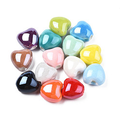 Mixed Color Pearlized Handmade Porcelain Beads, Heart, Mixed Color, 10x10x7mm, Hole: 1.8mm