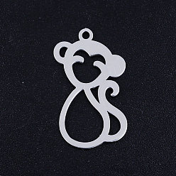 Stainless Steel Color 201 Stainless Steel Pendants, Monkey, Hollow, Stainless Steel Color, 23.5x13.5x1mm, Hole: 1.5mm