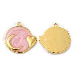 Pearl Pink Real 18K Gold Plated 304 Stainless Steel Pendants, with Enamel, Flat Round with Moon & Heart Charm, Pearl Pink, 17.5x17x2mm, Hole: 1.4mm