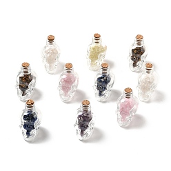 Mixed Stone Mixed Gemstones Chips in Skull Glass Bottle Display Decorations, for Witchcraft, 37x27x46.5mm