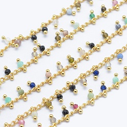 Mixed Stone Natural/Synthetic Gemstone Handmade Beaded Chains, Soldered, Lead Free & Cadmium Free, with Brass Findings, Real 18K Gold Plated, Long-Lasting Plated, Faceted Round, 6~7x2~3mm