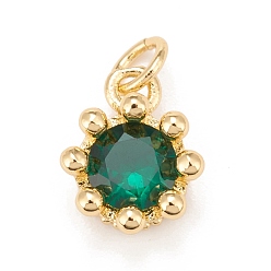 Dark Green Brass Inlaid Clear Cubic Zirconia Charms, Real 18K Gold Plated, Lead Free & Cadmium Free, Crown, Dark Green, 11.5x9.5x6mm, Hole: 3mm